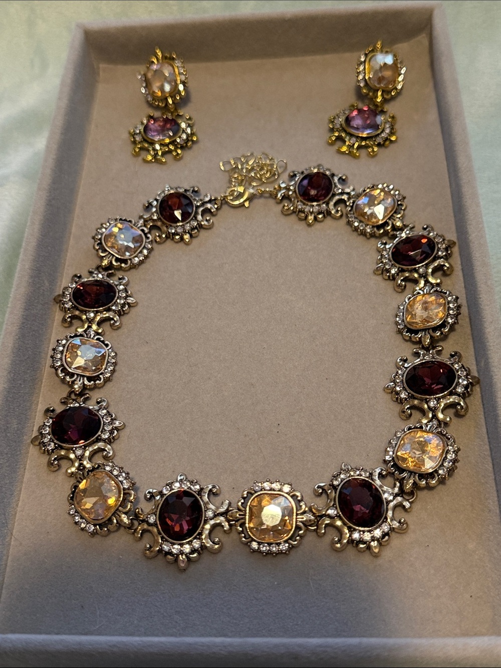 Vintage-Style Gold Necklace and Earring Set with Burgundy and Champagne Stones